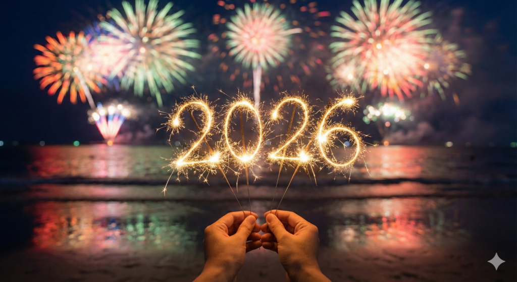 Happy New Year 2026 fireworks with glowing text