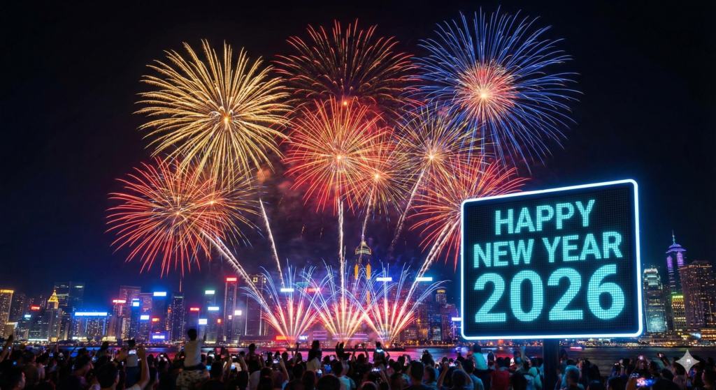 2026 New Year city skyline fireworks image