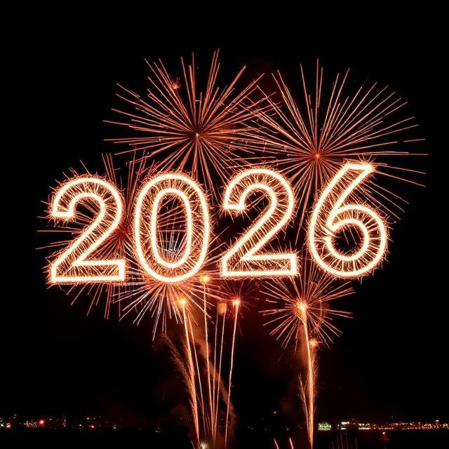 Happy New Year 2026 outdoor fireworks celebration
