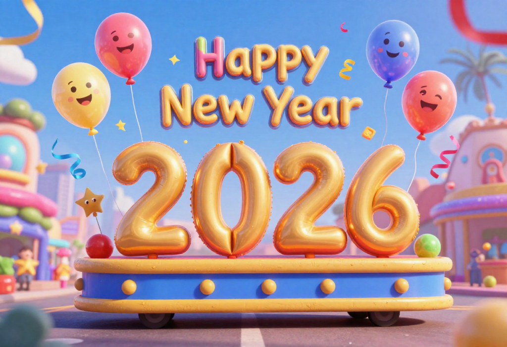 Animated Happy New Year 2026 celebration scene