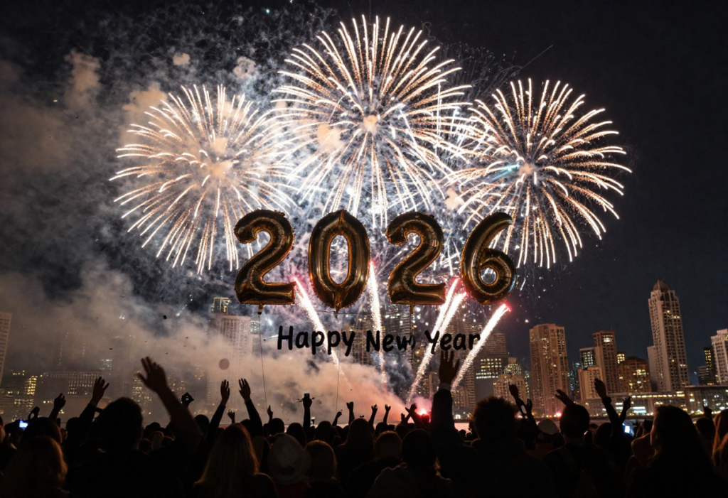 Happy New Year 2026 colorful fireworks wallpaper