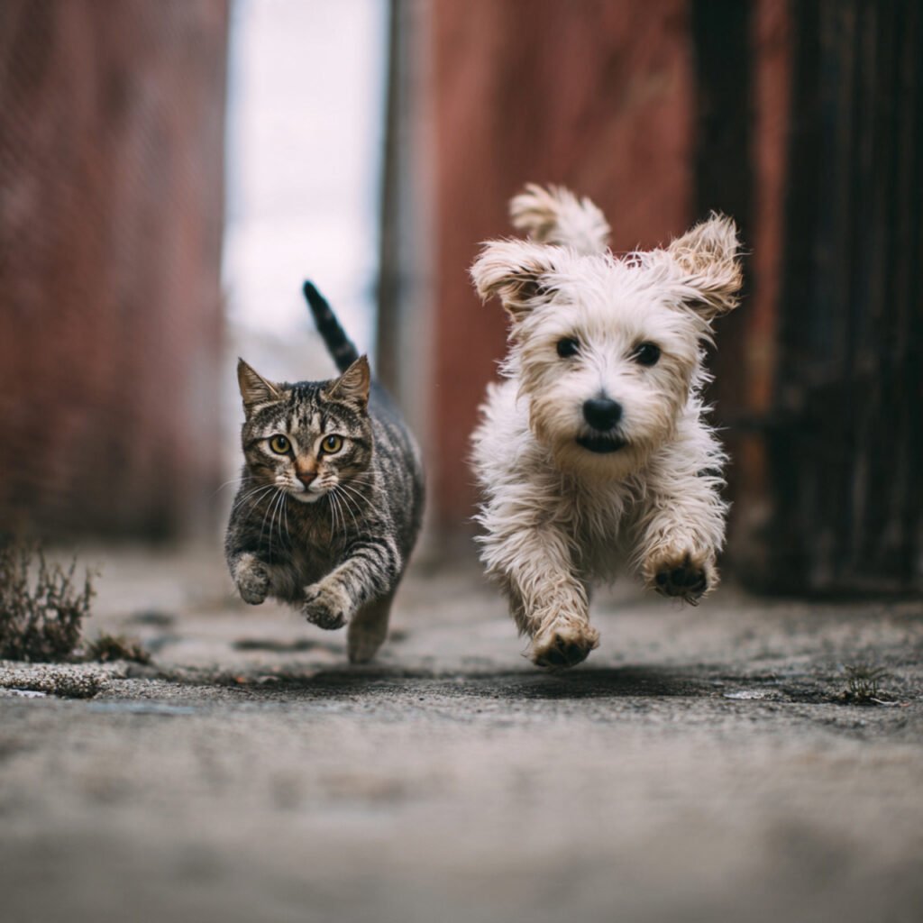Adorable cat escaping as a friendly dog gives chase