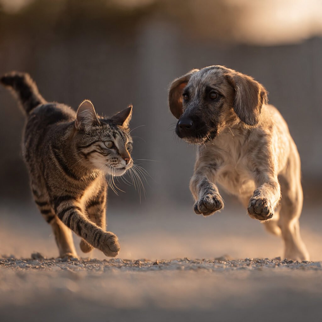 Lively dog and cat chasing game on green grass