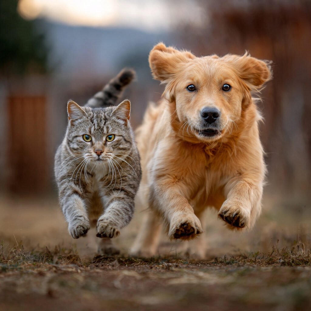 Friendly dog chasing a cat in a lighthearted way