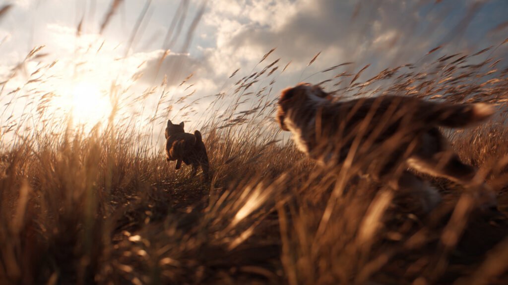 Playful cat and dog chase scene captured in action