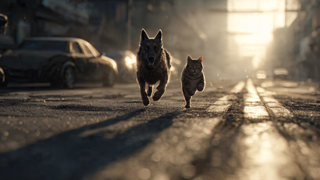 Hilarious cat dodging a dog in a playful chase