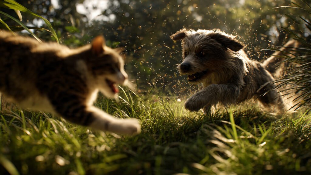 Cute animal chase between a curious dog and a quick cat