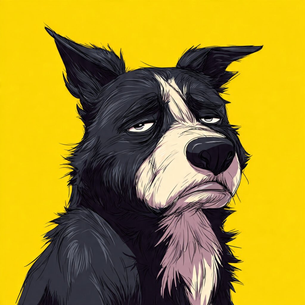 Sad cartoon dog illustration with dark mood
