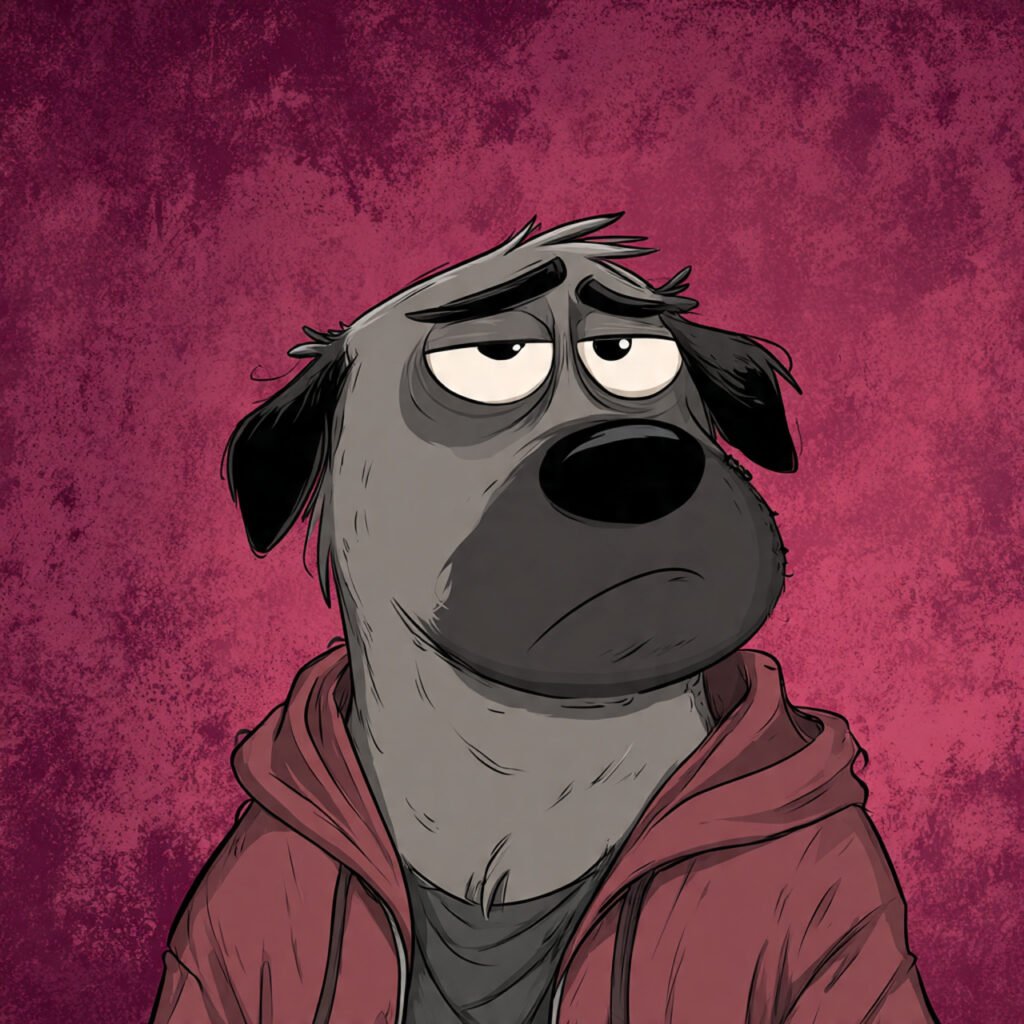 Sad puppy cartoon with gloomy background