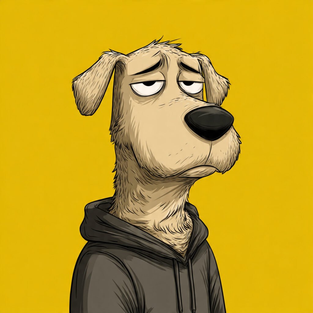 Cute sad cartoon dog character illustration