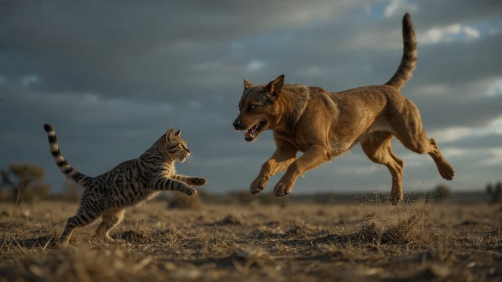 Action shot of a cat sprinting with a dog right behind