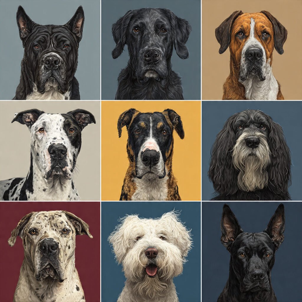 Cute dog breeds in colorful background