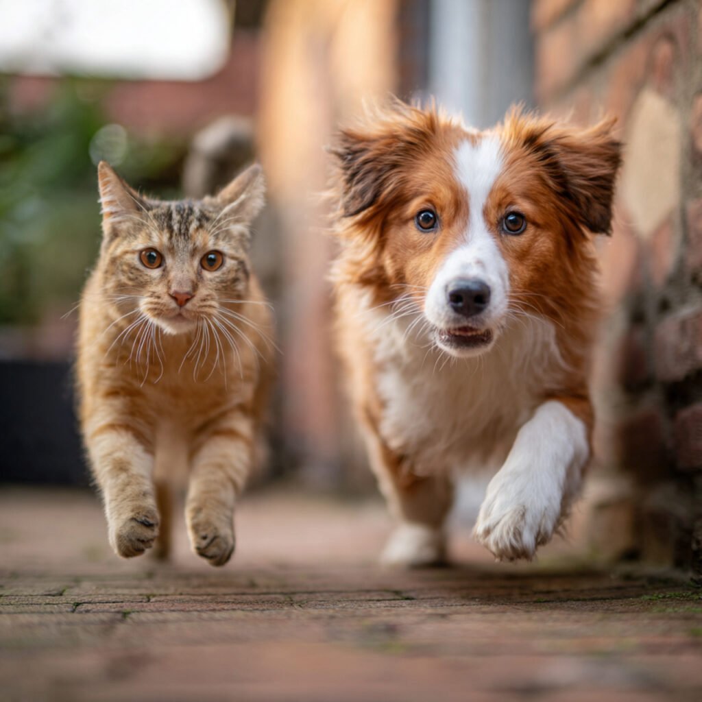 Joyful pet moment showing a dog chasing a cat playfully