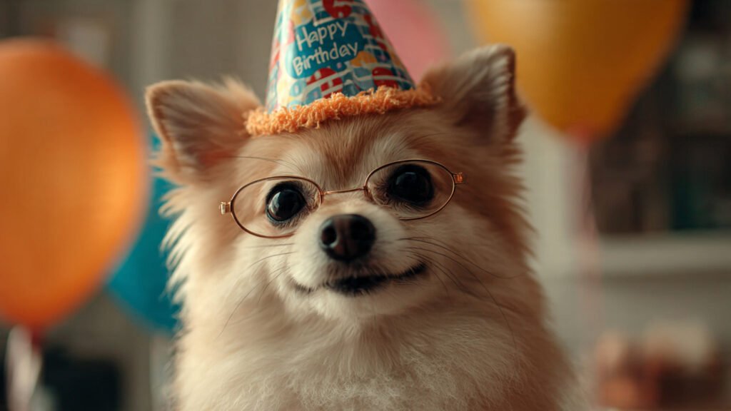 Smiling dog birthday celebration