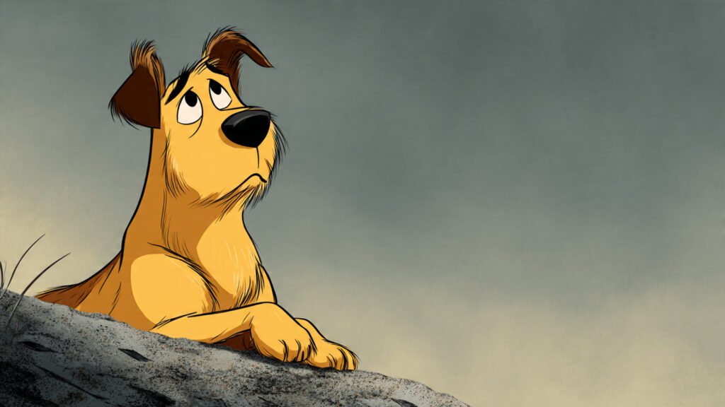 Sad animated dog character with watery eyes