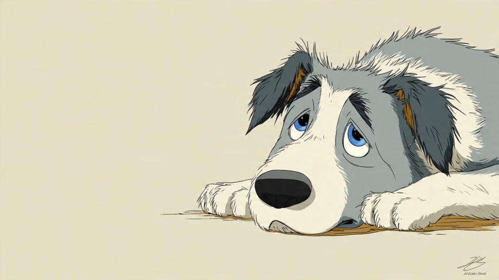 Cartoon dog with sad face and lowered head