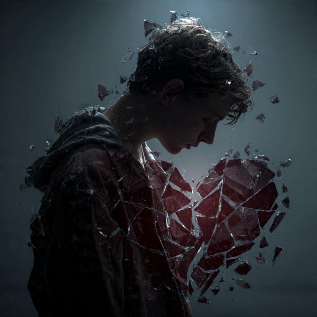 Sad boy hiding tears inside